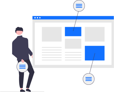Person analyzing a web page layout with interactive elements and hamburger menu icons, emphasizing Design & Production Quality