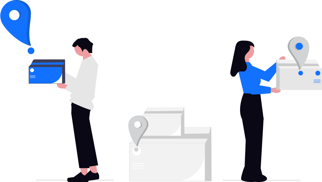 Man & woman with packages, location pins, and a stack of boxes, signifying seamless End-to-End Delivery