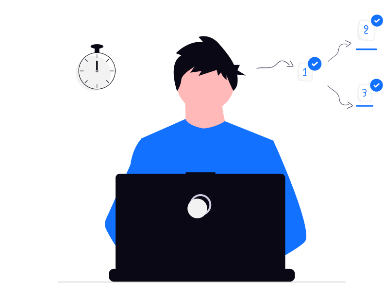 Person at laptop, stopwatch, and workflow of completed documents illustrate Fast Credential Generation