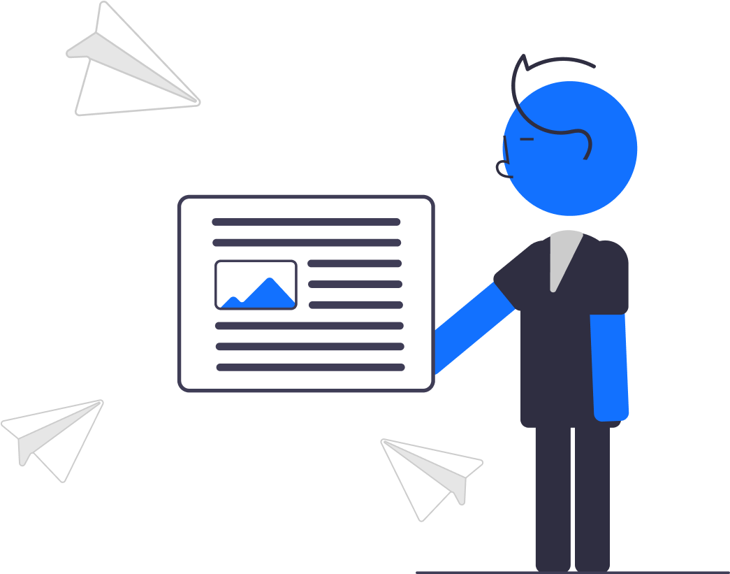 Blue figure holding a document with content, paper airplanes flying, representing efficient Newswire Distribution.