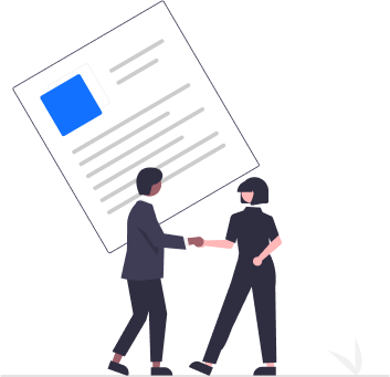 Professionals shaking hands below a large contract, signifying agreement and expert support for business solutions