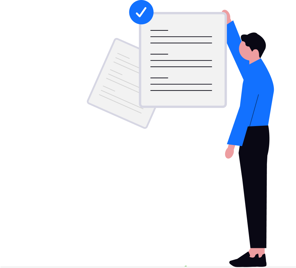 Man holding up a successfully completed document with a checkmark, symbolizing a successful reg a filing