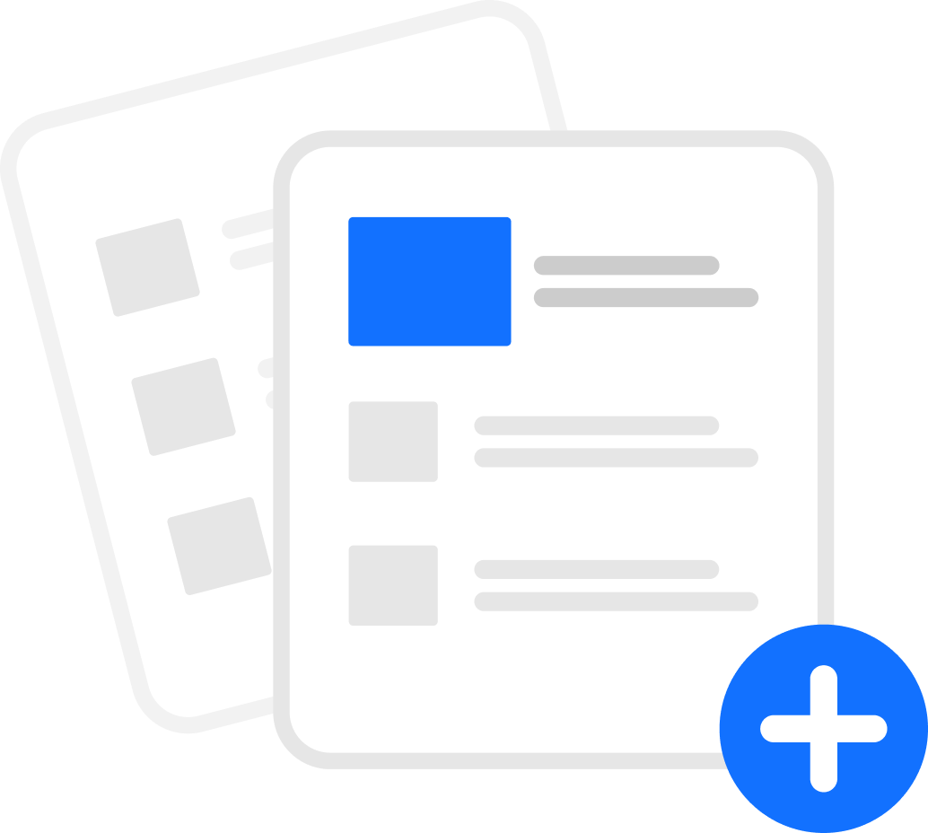 Overlapping white Types of Documents showing content layouts, with a blue "add new" plus button