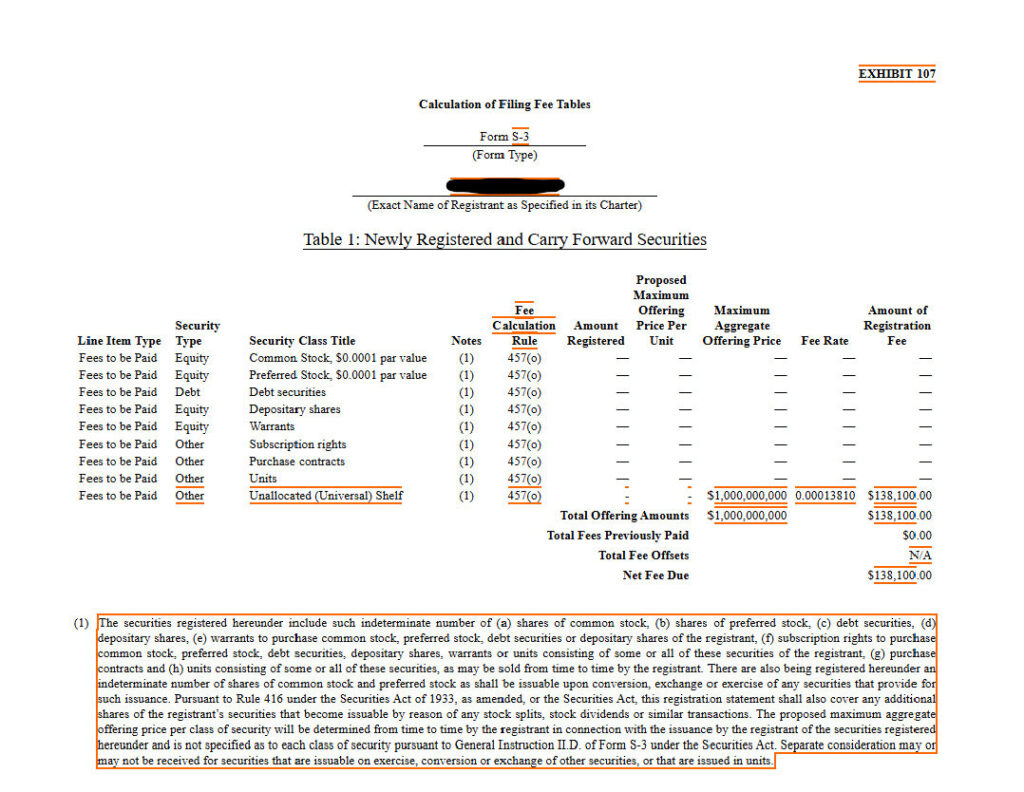 calculator of filling fee tables Form s-3