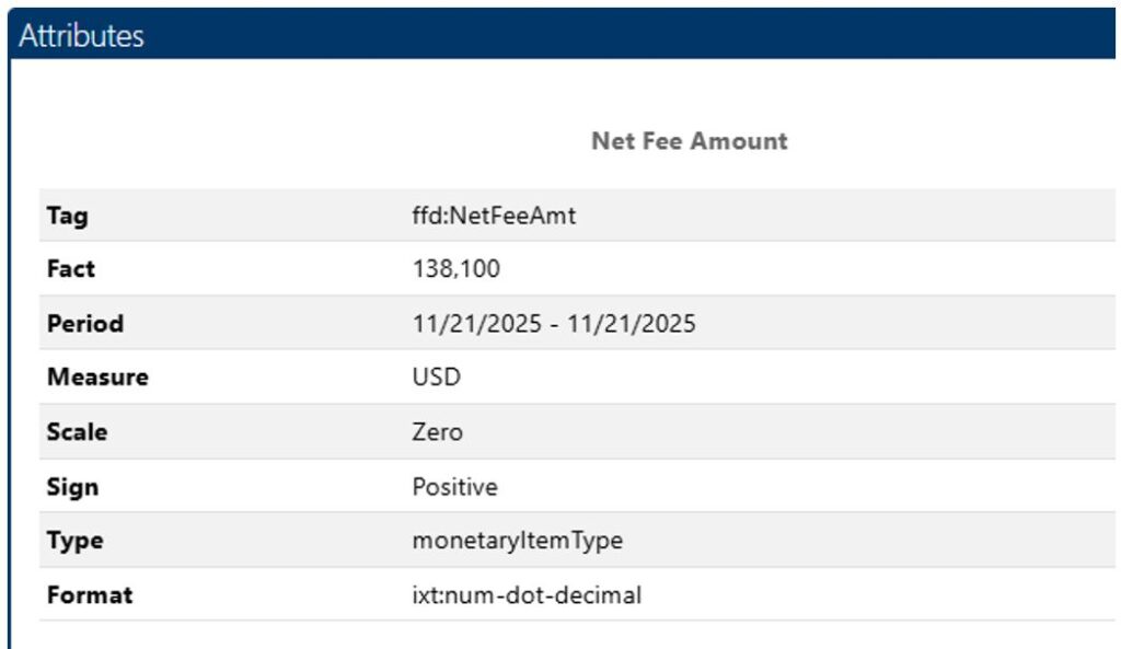 XBRL Tag Net fee Amount