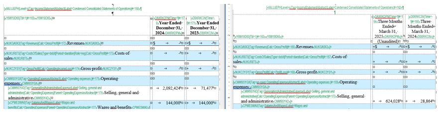 Side-by-side comparison of the same line item in two different periods showing consistent tag usage